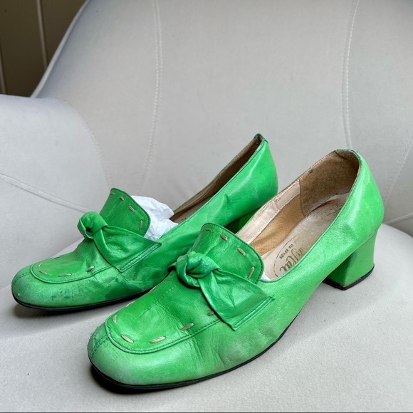 Vintage 70's Marcia Hill Bright Green Leather Shoes Mules Block Heel Sz 7  Spain
